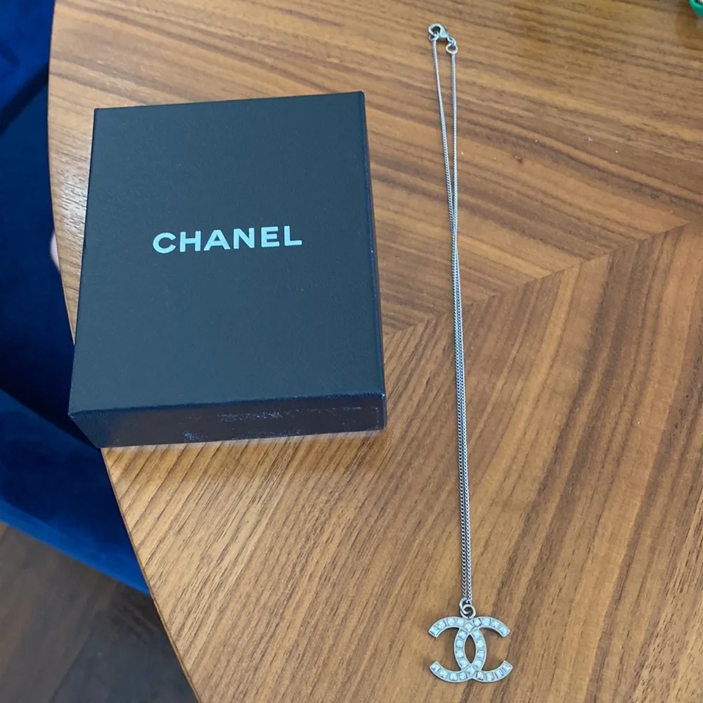 Authentic Chanel Silver with crystals CC necklace